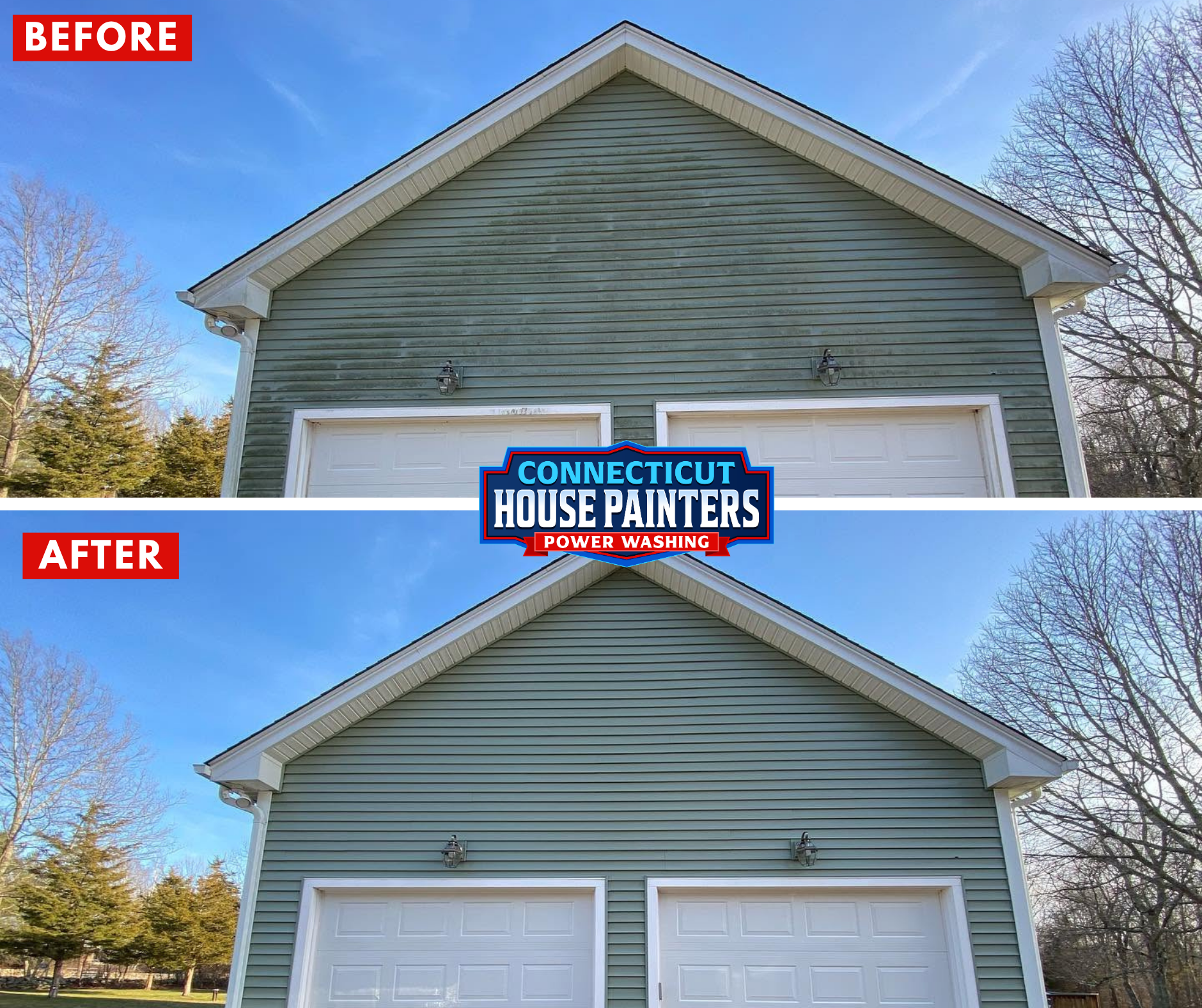 Before and after power washing project in Ledyard